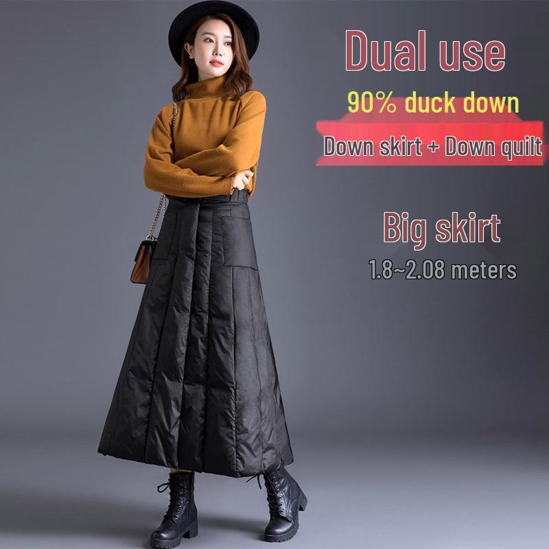 

High Waist Windproof Duck Down Long Cycling Skirt - Warm, Large Hem, 90% White Duck Down M, suitable for 85-95 jin