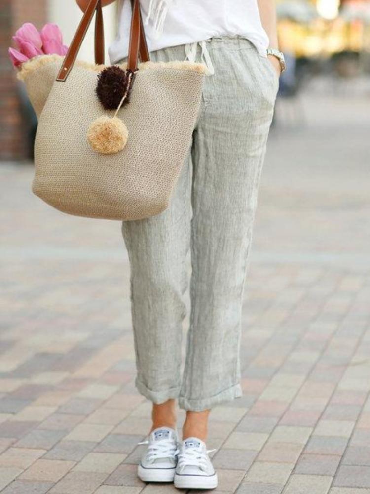 Women High Waist Stretch Ankle Pants Casual Cotton Hemp Solid Color Pocket Pants Simple Multi Color Spring Summer Autumn Women Pants