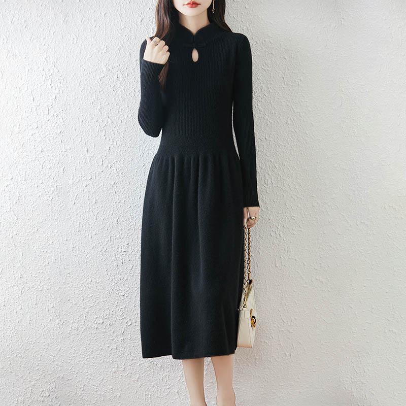 Retro Chinese Stand Collar A-Line Wool Knit Dress, Knee-Length Loose Fit for Autumn/Winter