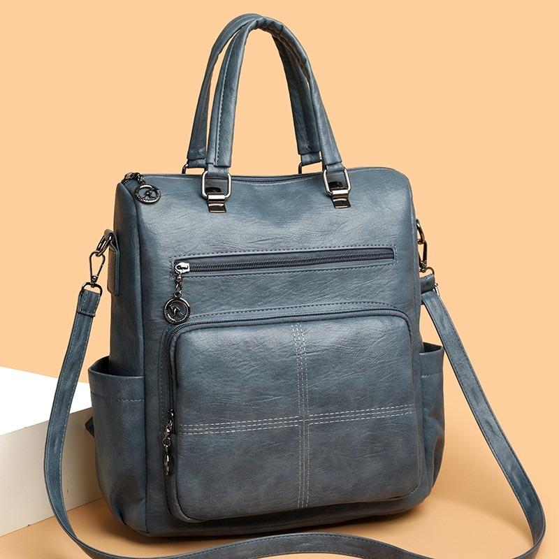 

Винтажный кожаный рюкзак с несколькими карманами и регулируемым ремешком, просторная наплечная сумка для повседневного использования и путешествий для женщин 33cm×19cm×34cm синий