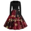 Christmas Print Flare Dress For Women Long Sleeve Dress Hollow Party Casual Square Collar Dresses