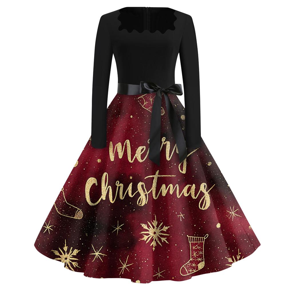 Christmas Print Flare Dress For Women Long Sleeve Dress Hollow Party Casual Square Collar Dresses