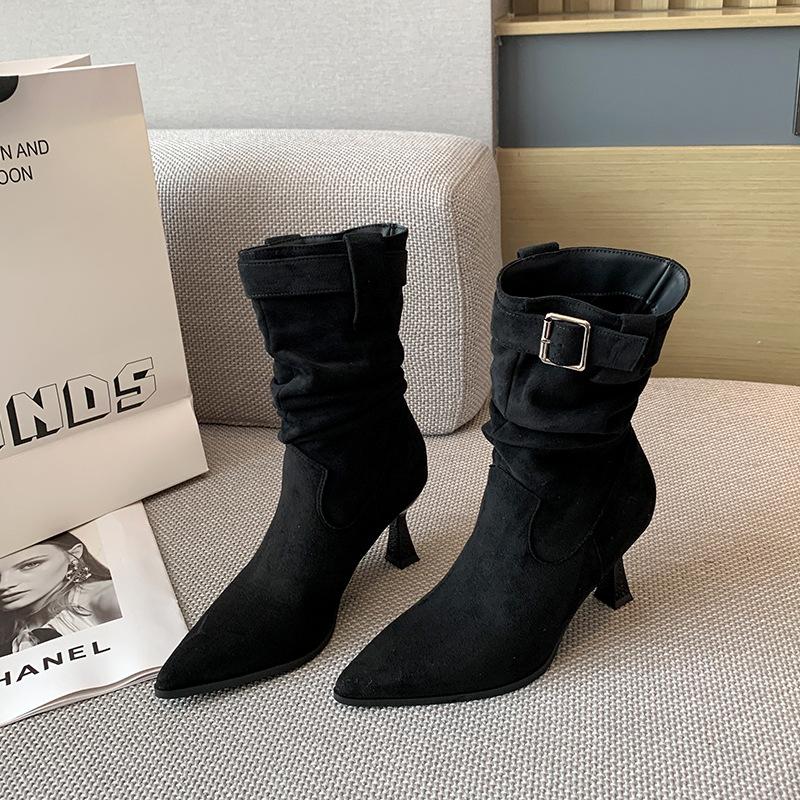 

large tube circumference long boots women s pile boots high heel short boots autumn and winter new fat feet large size women s shoes 35