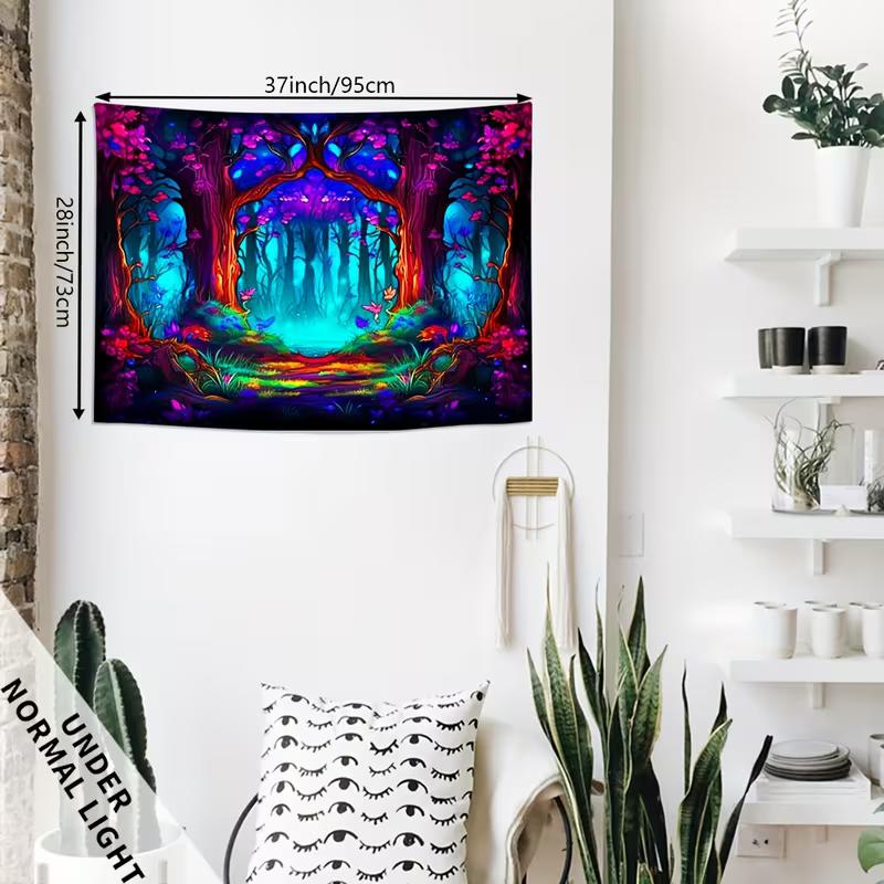 2D Blacklight Forest Tapestry, UV Reactive Neon Fantasy Tree Wall Hanging