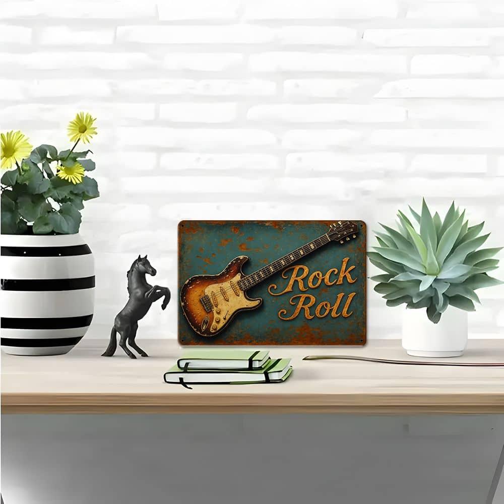 Vintage Rock 'n' Roll Sign - Distressed Guitar Wall Art for Music Spaces & Cafes