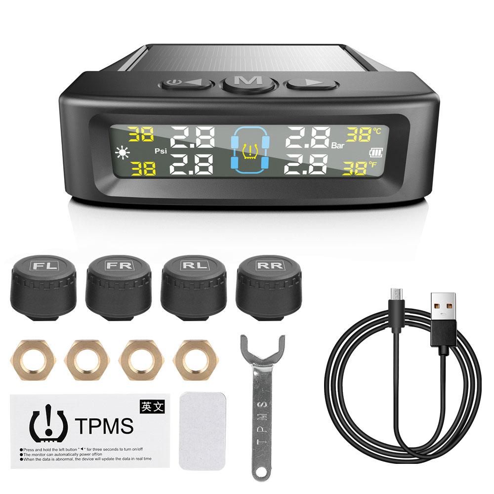 

Car Tyre Pressure Monitor Temperature Warning Fuel Save Solar TPMS With 4 External Sensors Tire Pressure Monitoring System