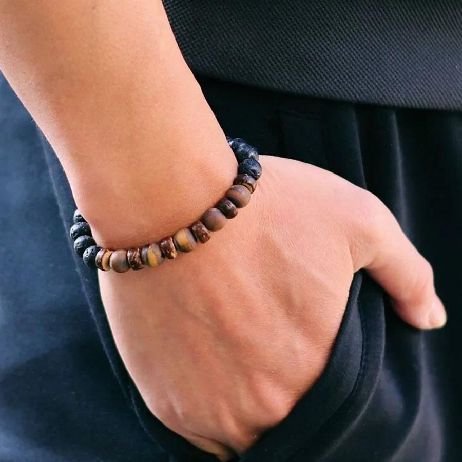 New Natural Wooden Bracelet For Men Meditation Braslet Volcanic Rock Braclet Gemstone Stretch Beaded Brazalete Pulsera