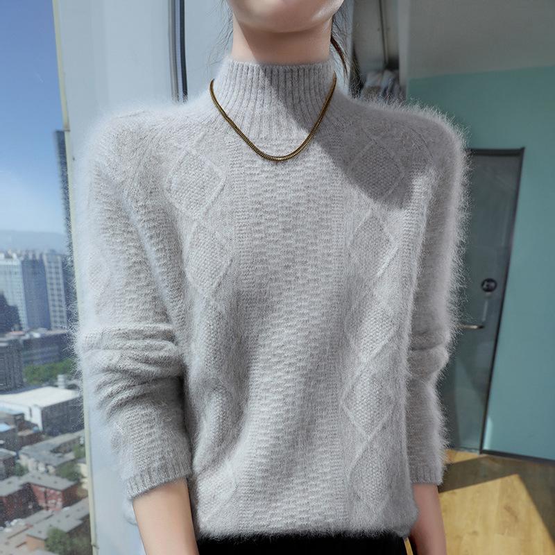 Women's Mink Cashmere Sweater, Semi-High Neck, Thick Loose Knit Pullover