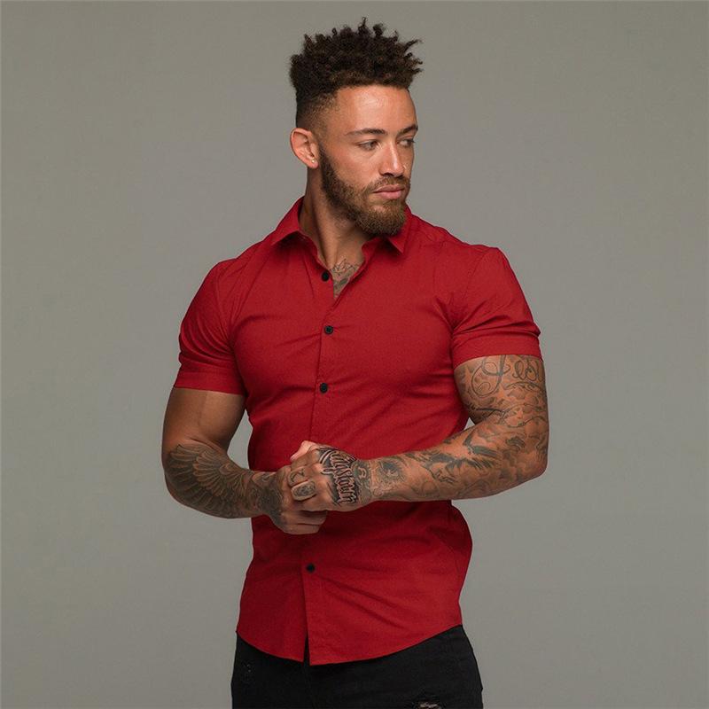 Stretch Thin Solid Color Sports Casual Cardigan Business Shirt Men's Fitness Short-sleeved Lapel Shirt