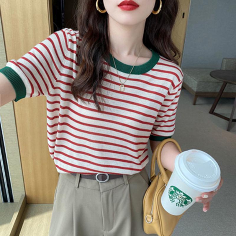 Ice Silk Short-Sleeve Knit Striped T-Shirt for Women, Plus Size Korean Style Summer Chic Top