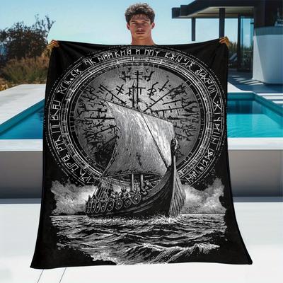 Custom Viking Ship Blanket Norse Compass Design Personalized Name Fleece Throw All Season Soft Warm Bedding Home Decor Gift