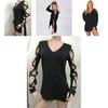 Stylish Black Casual V Neck Short Front Long Back Hollow Out T Shirt For Women
