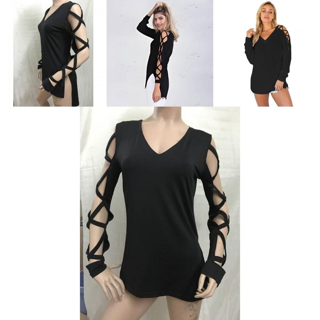 Stylish Black Casual V Neck Short Front Long Back Hollow Out T Shirt For Women