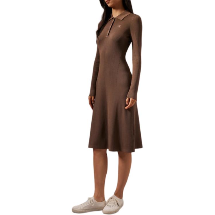 Calvin Klein Casual Embroidered Four-Button Knit Polo Long Sleeve Dress Women Dresses Dark-Gray-Brown J224574