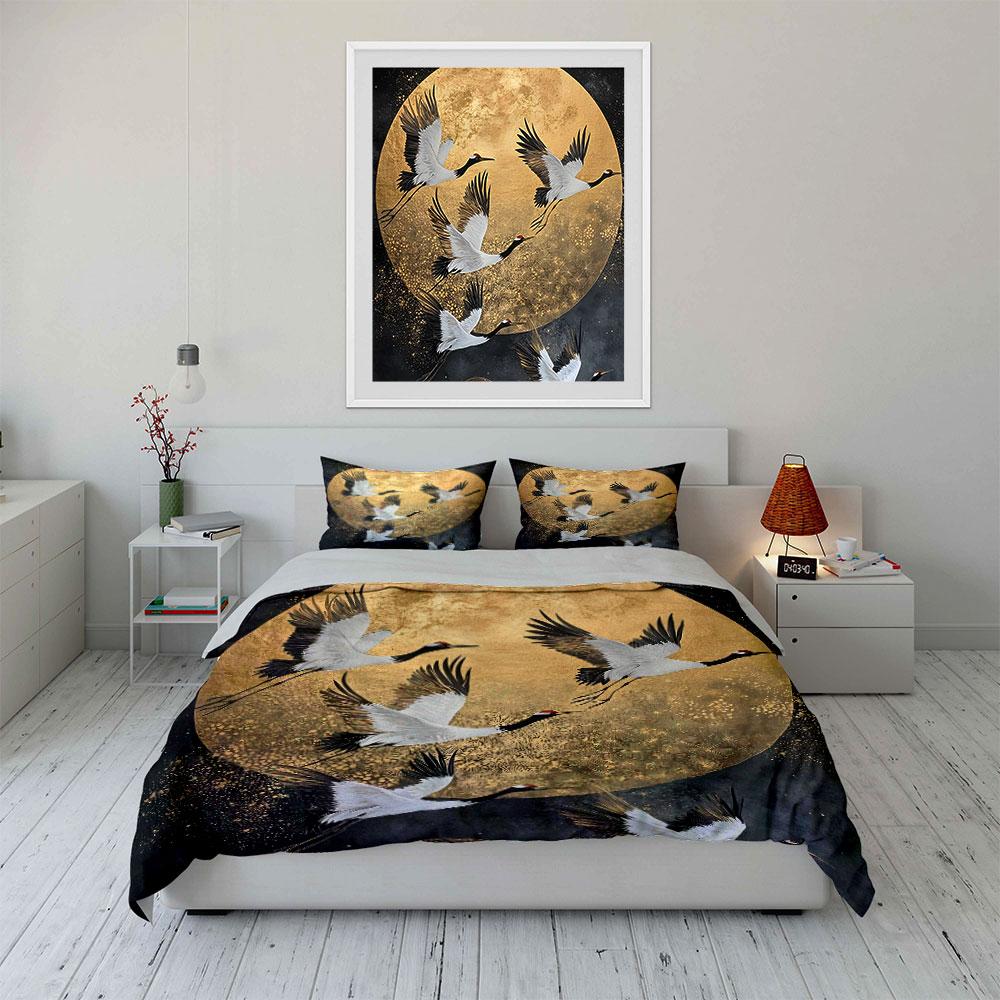 Golden Crane Art Set Multiple Sizes Kid'S And Adults' Bedroom Exquisite 3Pc Bedding Set, Gift