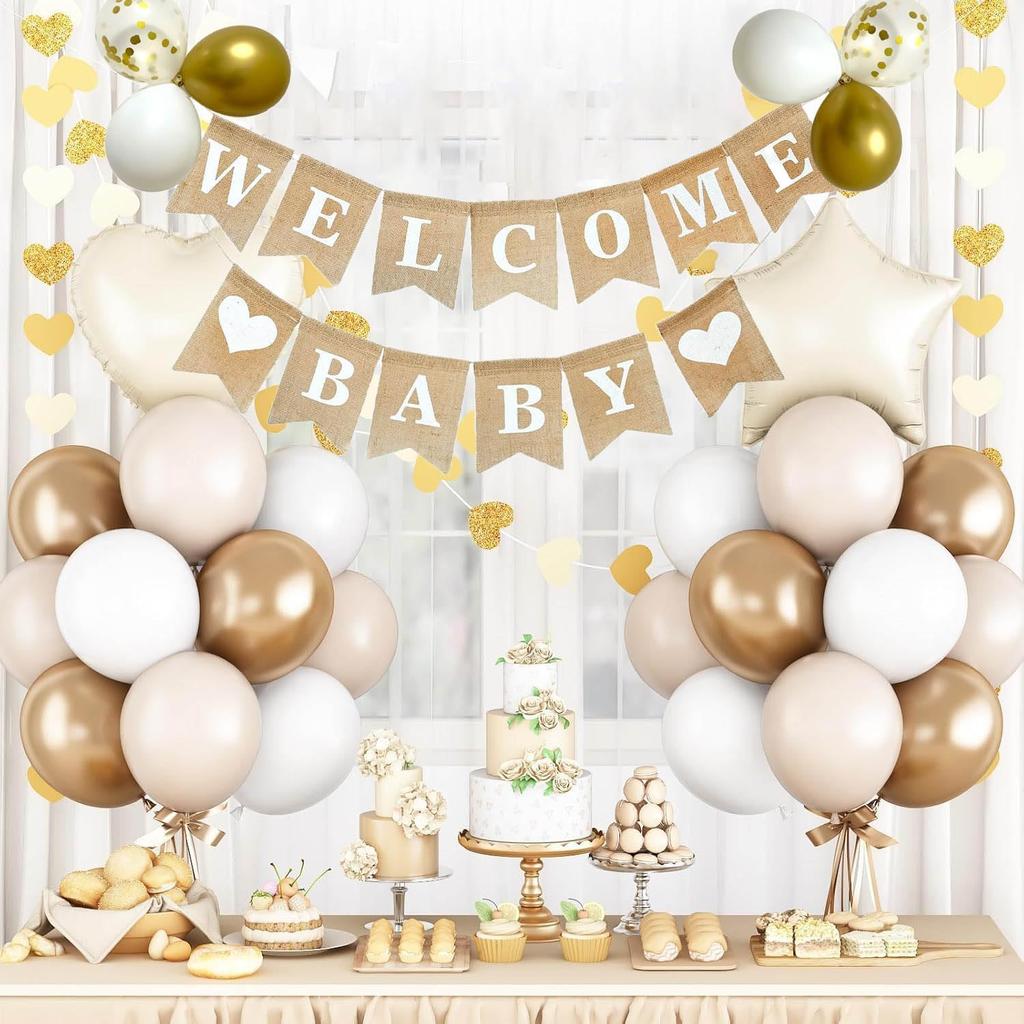 Welcome Baby Banner - Welcome Baby Shower Sign - Pre-Strung Burlap Gender Reveal Banner for Boy and Girl (Come with 6pcs Balloons)