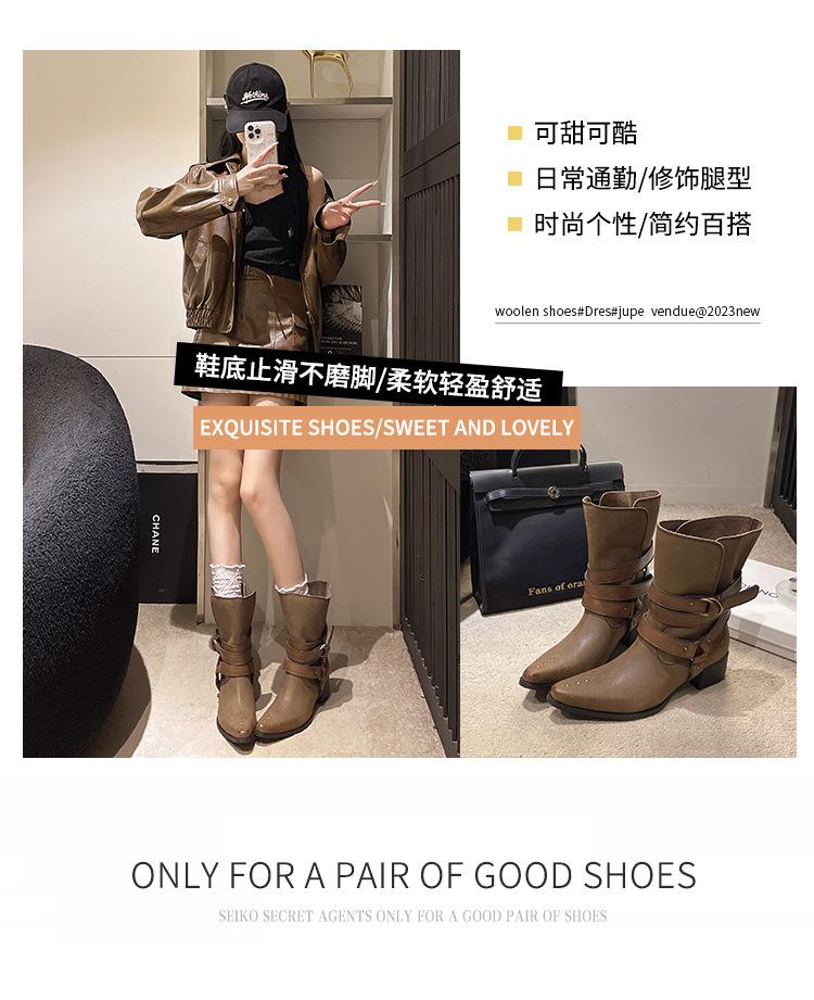Vintage niche belt buckle Martin boots pointed sleeve comfortable thick heel boots 2025 autumn and winter slim wide tube west