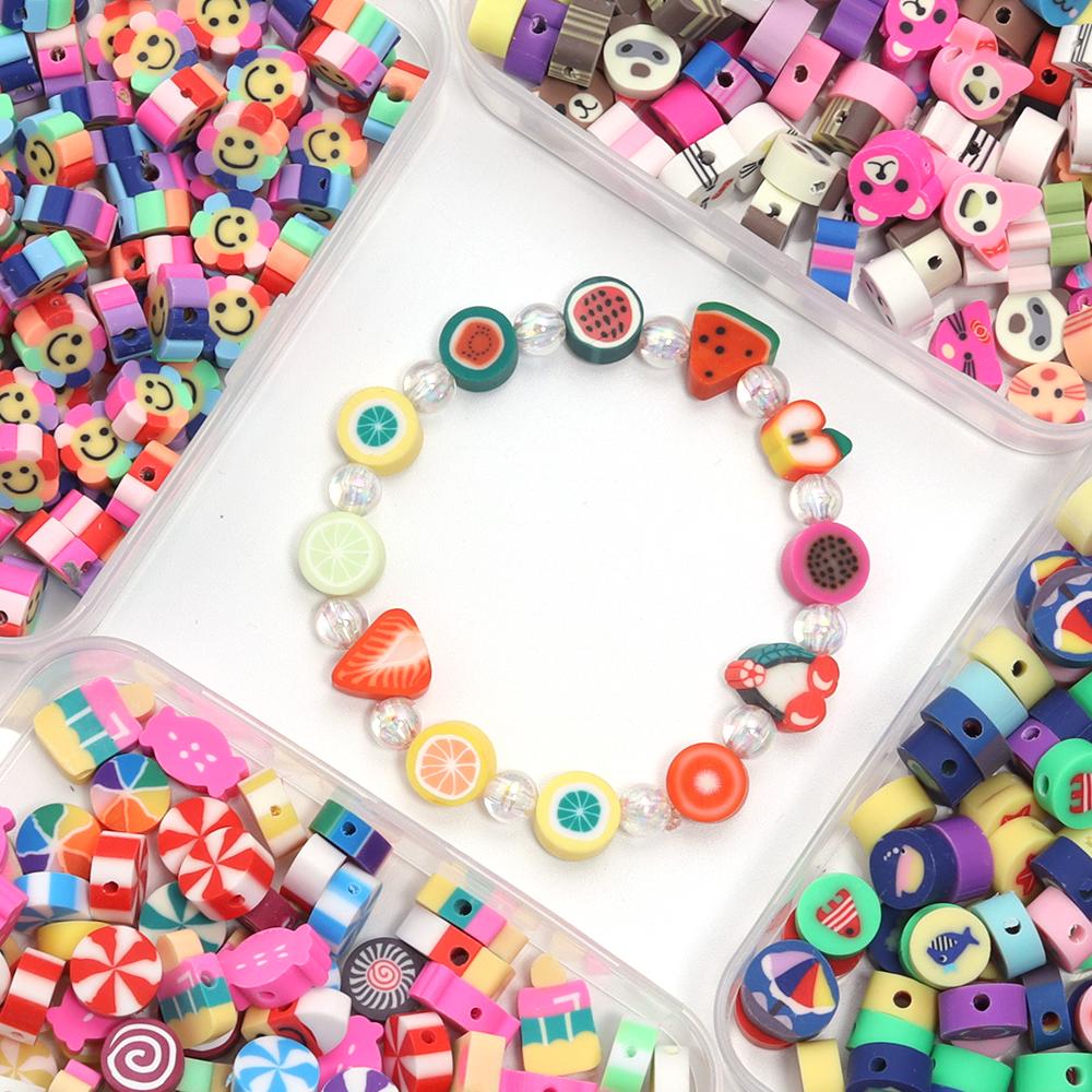 100Pcs Polymer Clay Beads Set Colorful Flower Fruit Pattern Beads Kit For DIY Handcrafts Bracelet Phone Chain Making Supplies
