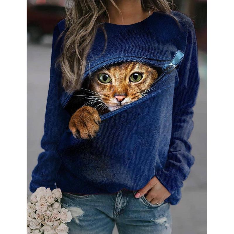 Höst 3D Katt Tryckta Sweatshirts Trendiga Casual Sport Långärmade Dam Sweatshirts