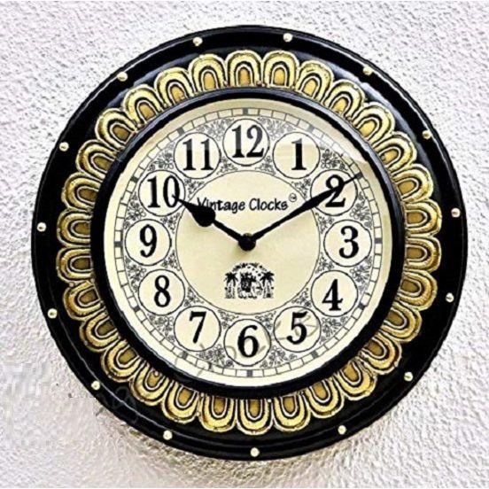 Wooden Hand-Crafted Brass Inlay Analog Clock (Black, 12x12 Inches, 30 cm)