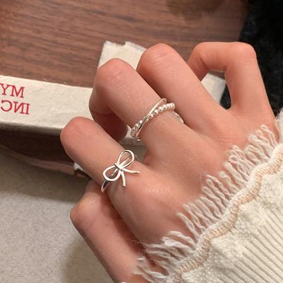 Niche Design Bow Pearl Cross Double Ring Women'S Light Luxury Retro Elegant Personality Ring Ring