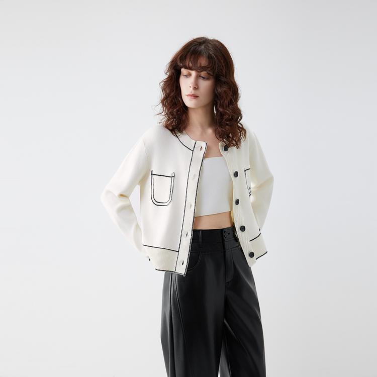 ELLE French Style Color Block Casual Loose Long Sleeve Cardigan Sweater Women Outerwear EZ51937