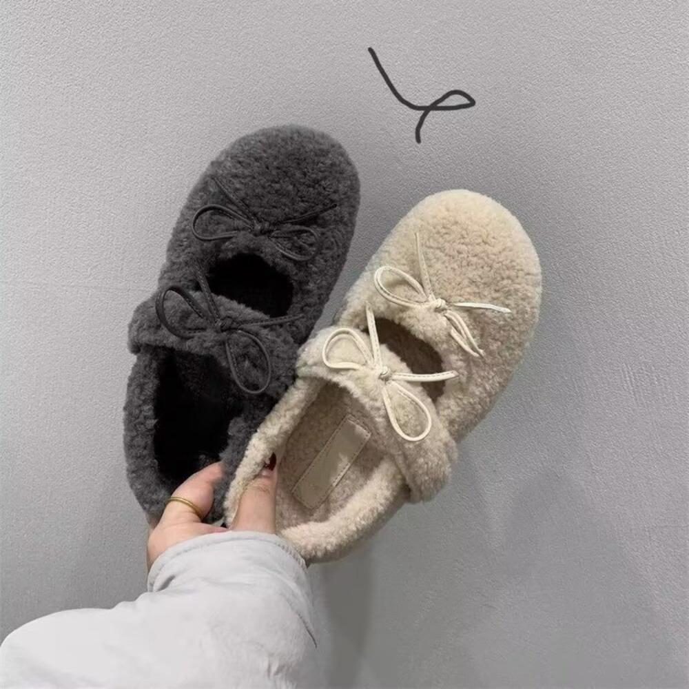 Damen Fell Flache Schuhe Schleife Wildleder Lässig Neue Loafer Mode 2026 Trend Winter Kurzer Plüsch Laufschuhe Damen Sneaker Schuhe