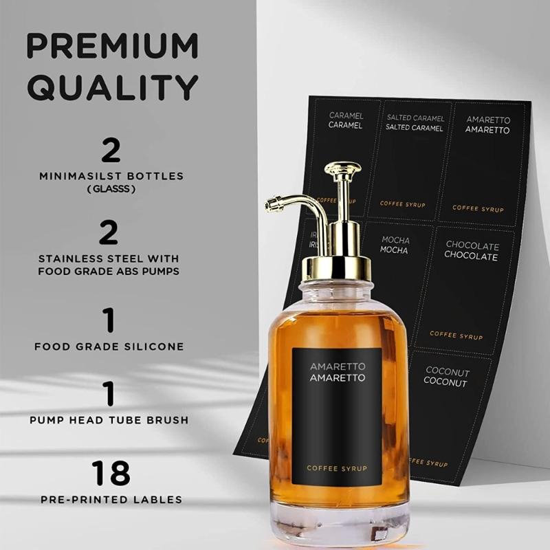 Coffee Syrup Dispenser for Bar Coffee Pump Dispenser Glass Syrup Bottle Set of 2 Refillable Bottles for Condiment