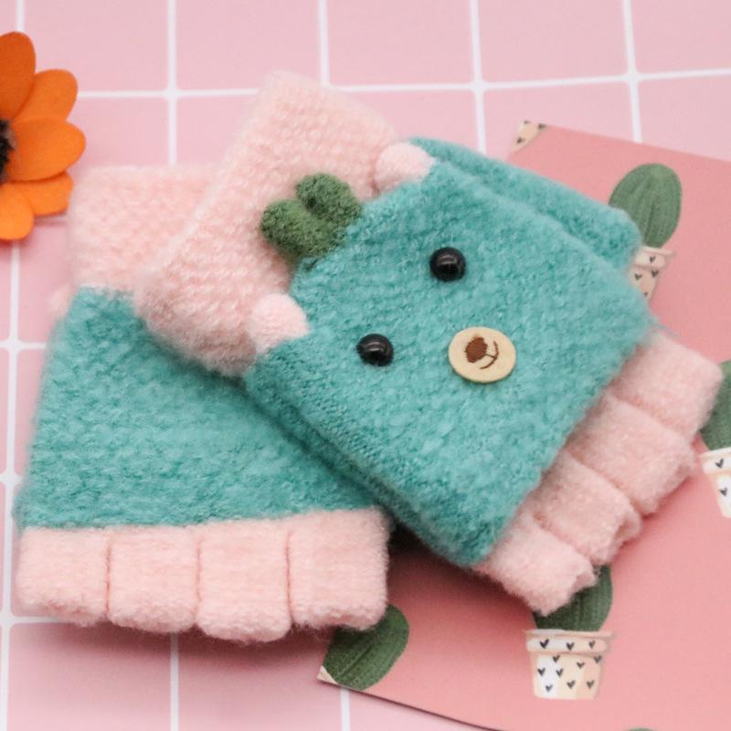 Children's Fingerless Winter Cartoon Kitten Gloves - Warm, Cute, Knitted Imitation Cashmere for Elementary Students