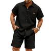 Stylowa Męska Casualowa Koszula Bez Kołnierzyka z Krótkim Rękawem - Męski Dwuczęściowy Zestaw: Top z Krótkim Rękawem i Szorty