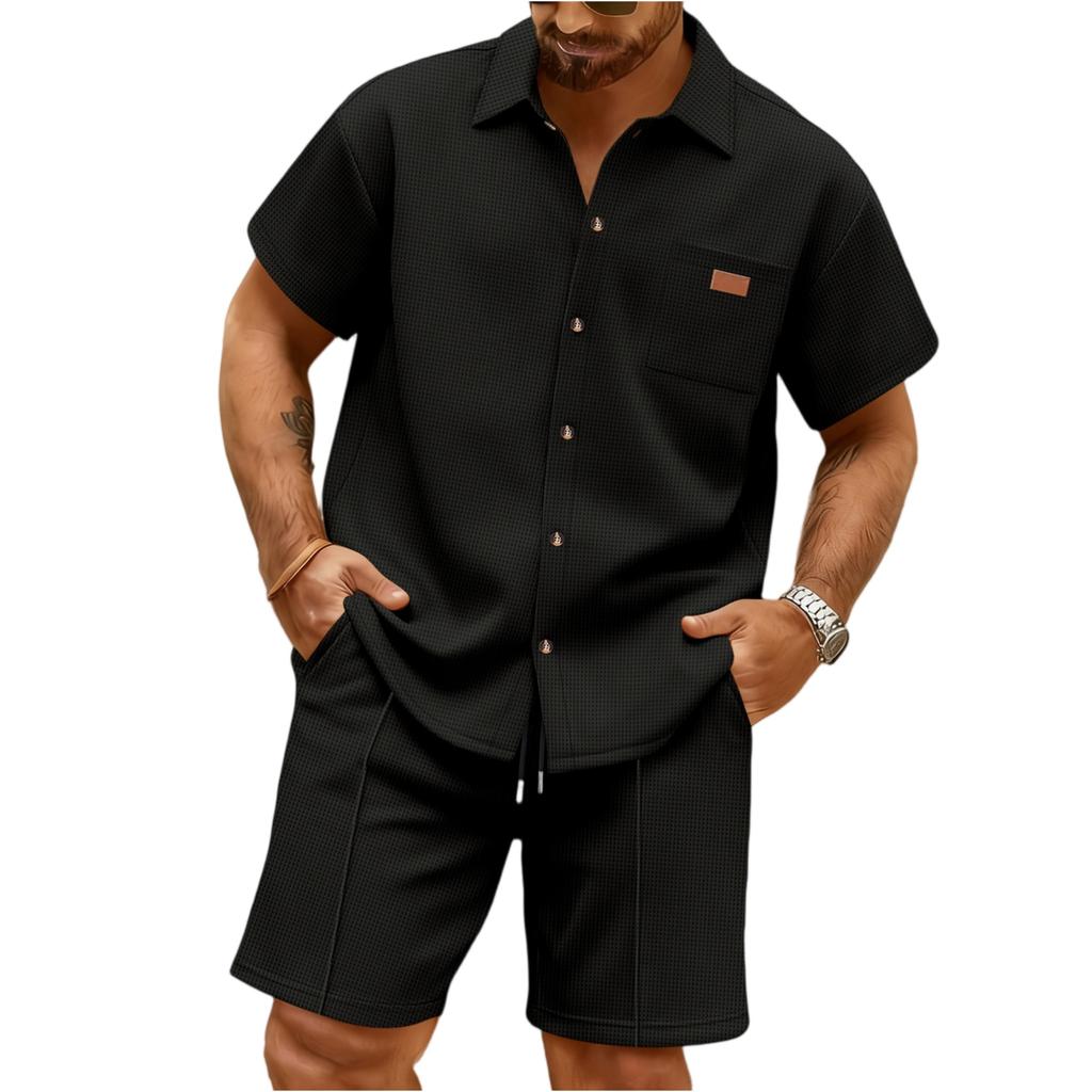 Stylowa Męska Casualowa Koszula Bez Kołnierzyka z Krótkim Rękawem - Męski Dwuczęściowy Zestaw: Top z Krótkim Rękawem i Szorty
