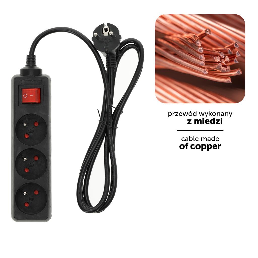 3-socket extension cord 1.5 with grounding and switch, black