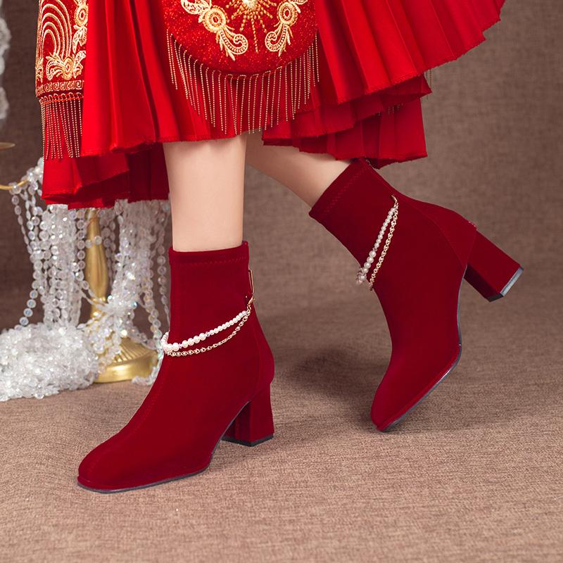 Fashion Women's Thick Heel Cotton Boots Winter New Square Head Suede Back Zipper Anti-slip Wear-resistant Short Tube Wedding Shoes