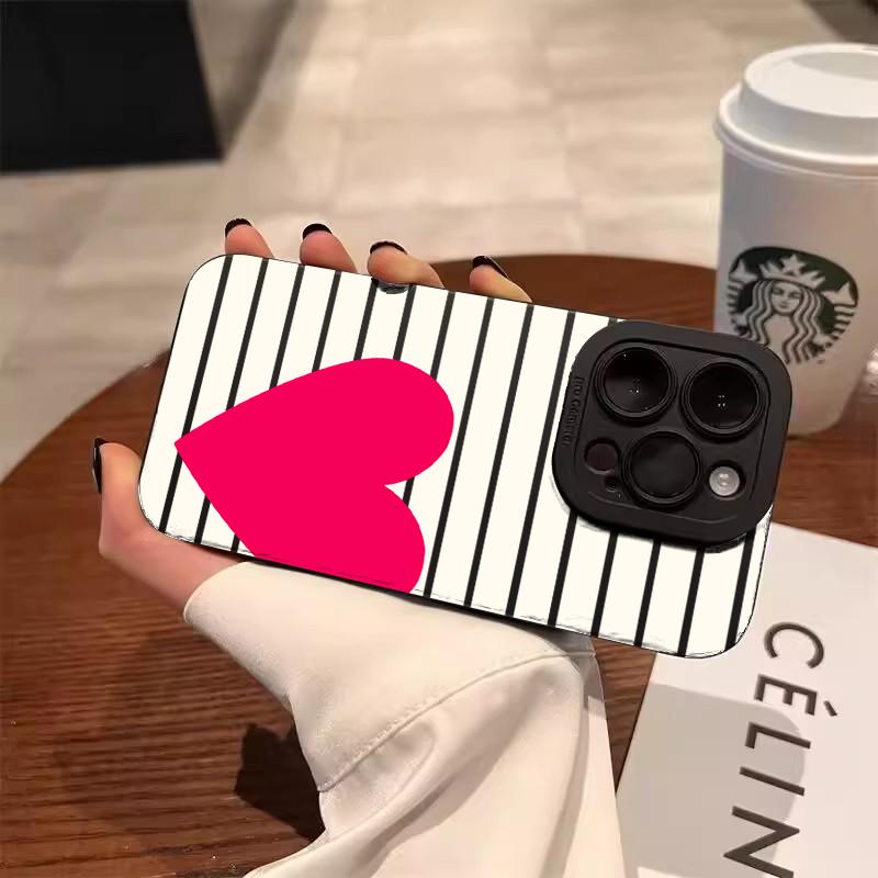 For iPhone 17 Pro Max Valentines Pink Heart White Striped Phone Case For iPhone 16 15 14 13 12 11 Air XS XR X 7 8Plus 16e Cover