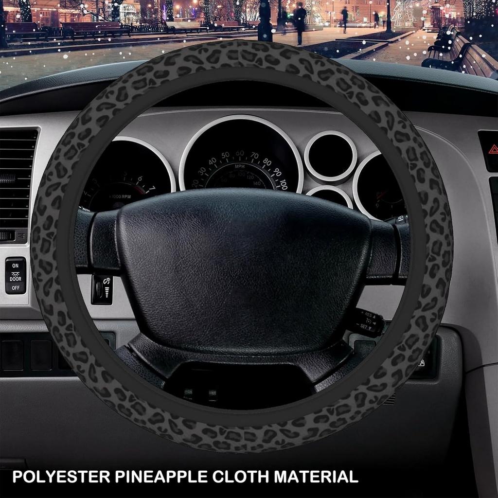 Car Steering Wheel Cover With 2 Pcs Ceramic Absorbent Cupholder Coasters, Black Leopard Cheetah Print Car Accessories Decorations For Women, Fit 15