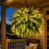 Potted Greenery for Patio Entryway Pre-Lit Artificial Ferns with Warm LED Lights, UV Resistant Faux Hanging Plants Evergreen Simulated Foliage