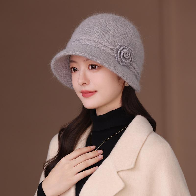 Autumn And Winter Hats Women'S Solid Color Flower High-End Mother Hat Plush Rabbit Fur Warm Knitted Wool Hat
