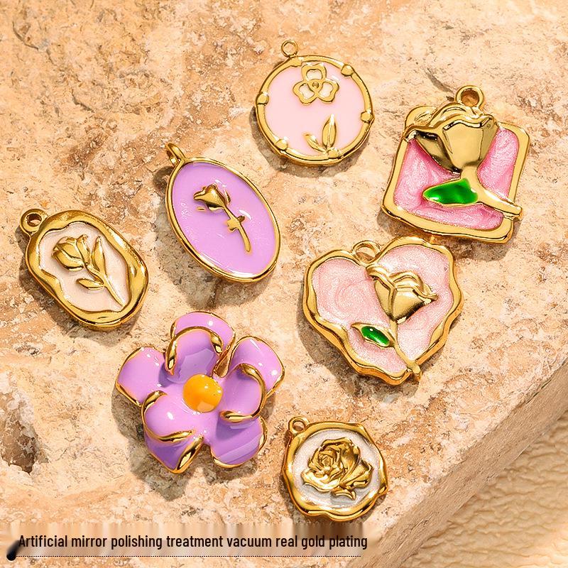 Colorful Geometric Heart Flower Drip Oil Stainless Steel Earrings & Necklace Set