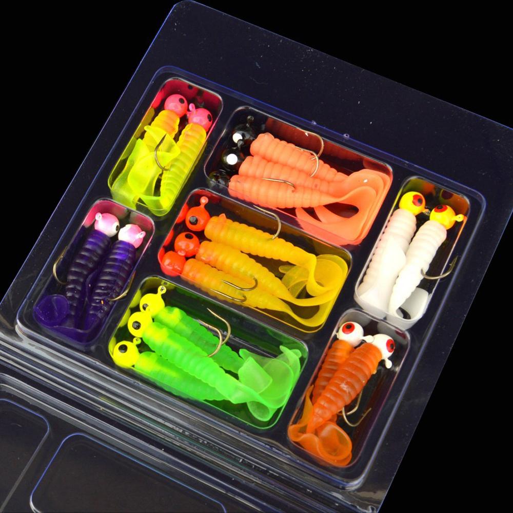 34pcs Metal Jig Head Fishing Hooks Set 17pcs Jigging Heads Hook + 17pcs Soft Worm Lure Grub Silicone Fish Artificial Bait Tackle