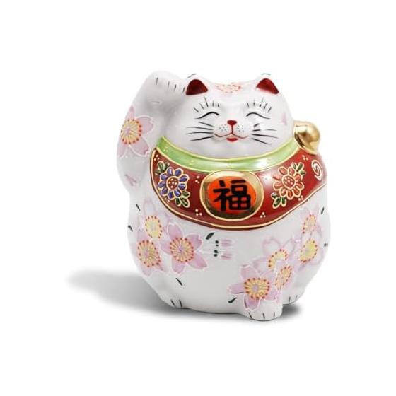 Kutani Ware Lucky Cat, No. 4 Lucky Lucky Cat, Cherry Blossom, Right Hand Raised, Good Luck, Traditional Craft, Great as a Gift (White)