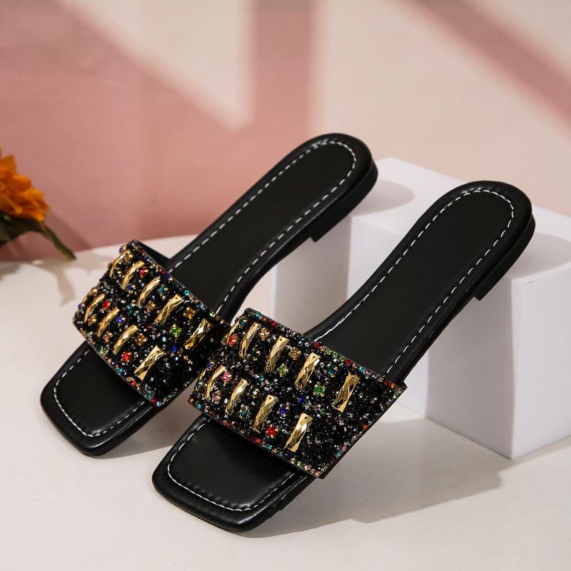 

Fashion Summer New Flat Sandals Women s Fashion Square Head Open Toe Glitter Soft Soles Anti-slip Wear-resistant Slippers 43