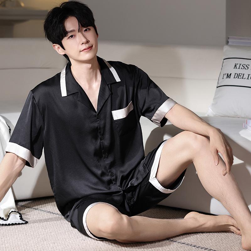 Ice silk pajamas men's summer 1011 new short-sleeved black high-end simulation silk summer loungewear set