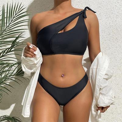 Bikini Badpak Dames Badmode Effen Zwart Eén Schouder Hoge Taille Bikini Set Badpak Vrouwelijke