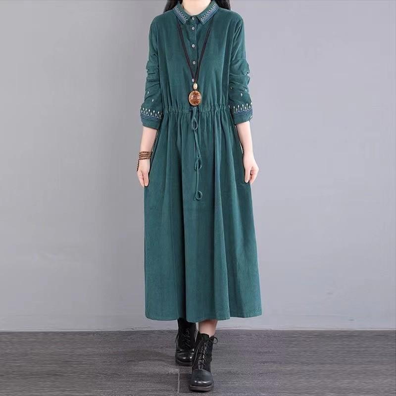2025 autumn clothing new a-shaped single-breasted embroidered dress women's loose and thin lapel long-sleeved temperament long dress