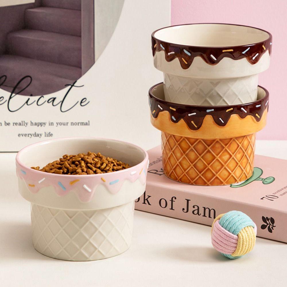 Ice Cream Shape Ceramic Cat Bowl High Foot Protection Large Diameter Elevated Cat Bowl Non Slip Flat Bottomed Cat Food Bowl