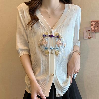 Women Sweaters Cardigans 2025 Summer Short Sleeve V-Neck White Embroidery Knitted Sweater Women Tops Pullover JJ159