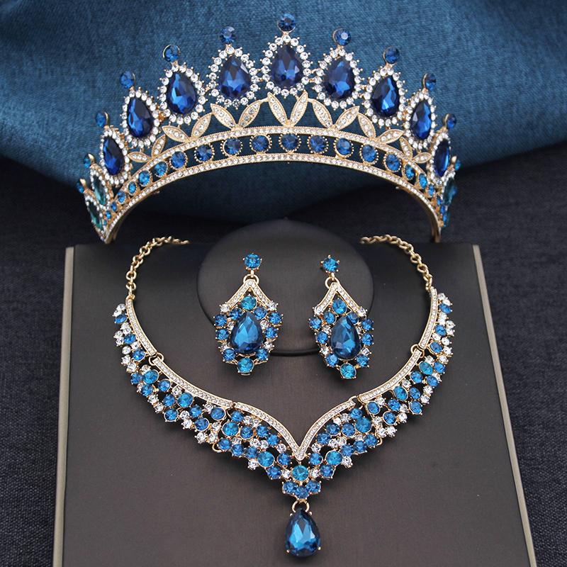 

Великолепные наборы свадебных украшений с кристаллами королевского синего цвета, красочные тиары, серьги, ожерелья, набор для женщин, корона для свадебного платья, набор ювелирных украшений