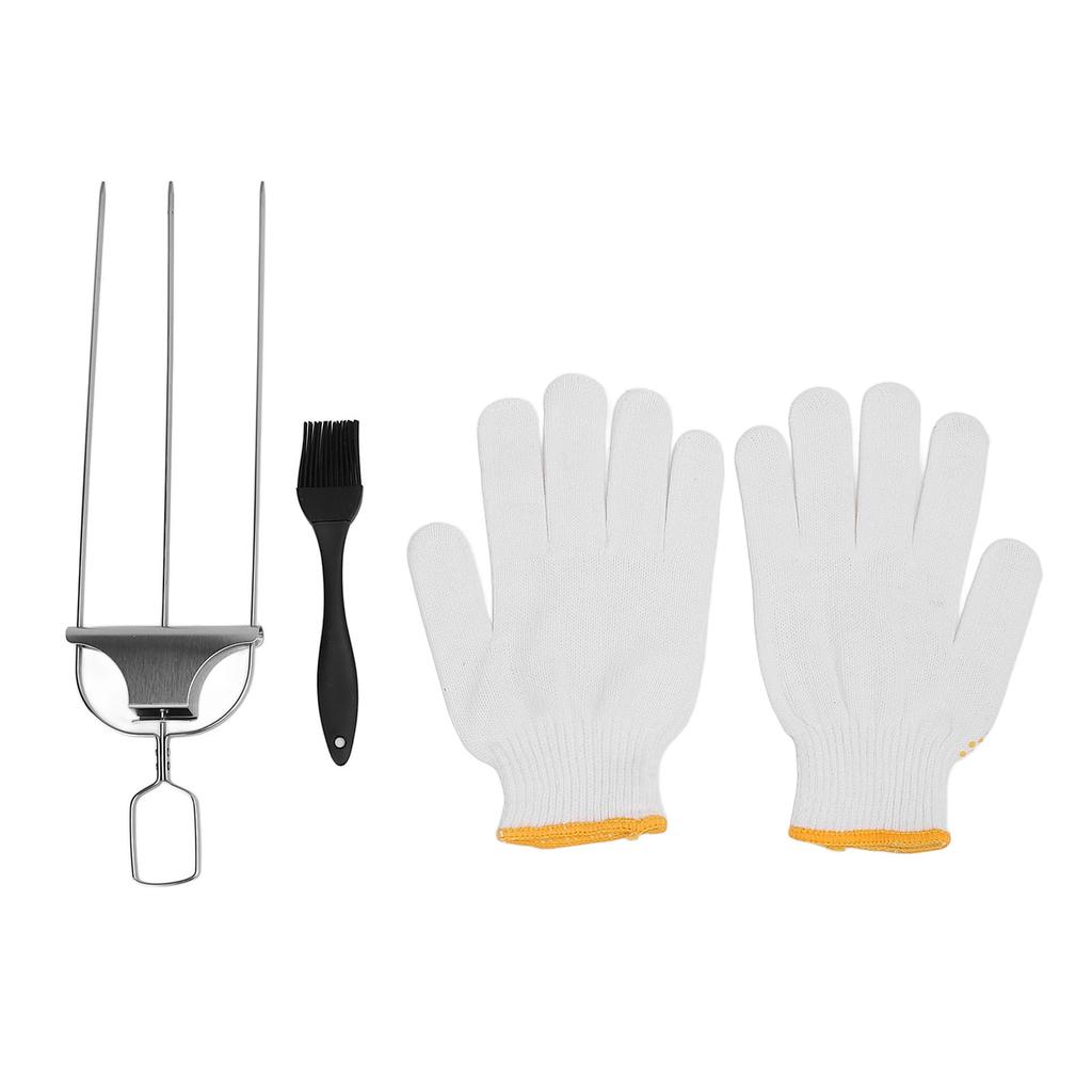 Stainless Steel Skewer Set 3 Prong Barbecue Fork Oil Brush and Gloves for Grilling Meat Chicken