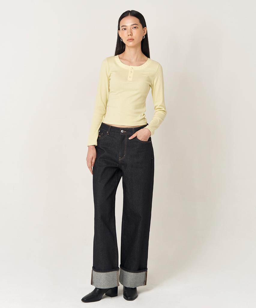 PLAC WOMEN Henley Neck Ribbed T-Shirt Light Green