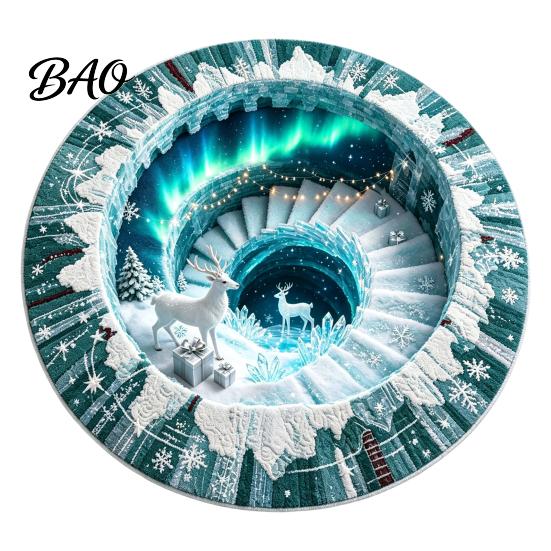 Living Room Xmas Rug 3D Optical Illusion Round Christmas Rug, Cute Santa Claus Crystal Velvet Floor Mat, Non Slip Decor Vivid Printed Circular Carpet